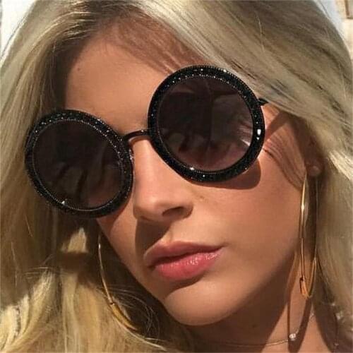 Rhinestone Shades Metal Black Round Sun Glasses Women Fashion Luxury Brand Designer Gradient Pink Sunglasses Femlae Big Glasses
