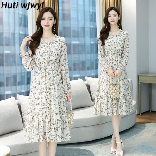 2021 Vintage 3XL Plus Size Floral Chiffon Midi Dresses Autumn Winter Print Long Sleeve Dress Elegant Women Bodycon Party Vestido
