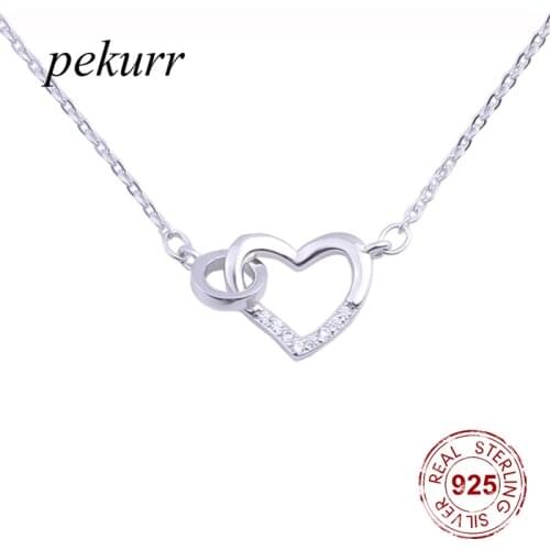 Pekurr 925 Sterling Silver Hollow Round & Zircon Heart Buckle Necklaces For Women Silver Collar Chains Pendants Fashion Jewelry