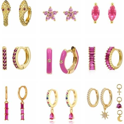 AIDE S925 Sterling Silver Pink Zircon Boho Loops Earrings For Women Jewelry Enamel Piercing Earings Gift Boucle Oreille Femme CZ