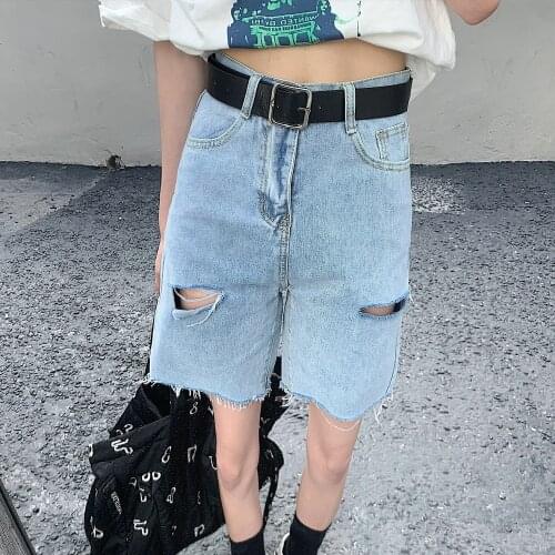 Woman Shorts Summer Korean Hong Kong Style Straight Denim Five-point Loose Hole High Waist Female PantsWide leg pants 2021