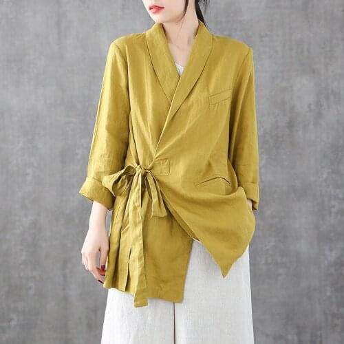 Spring 2020 Retro Temperament Lace Up Cotton and Linen Jacket Female Long Sleeve Loose Blazer Women New Linen Suit Jacket f2945