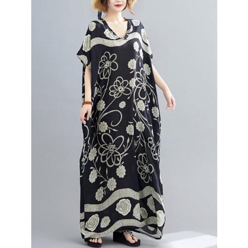 Short sleeve cotton satin vintage floral dresses for women casual loose maxi long summer beach sun dress elegant clothes 2021