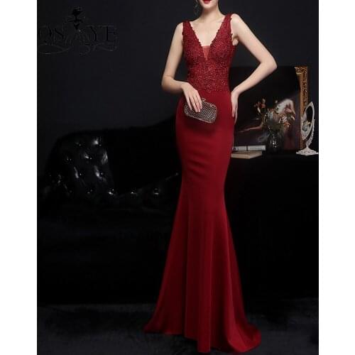 Deep Red Prom Dresses Lace Sleeveless Stretch Mermaid Evening Dress Women Appliques Long Formal Party Gown V Neck Celebrity Gown