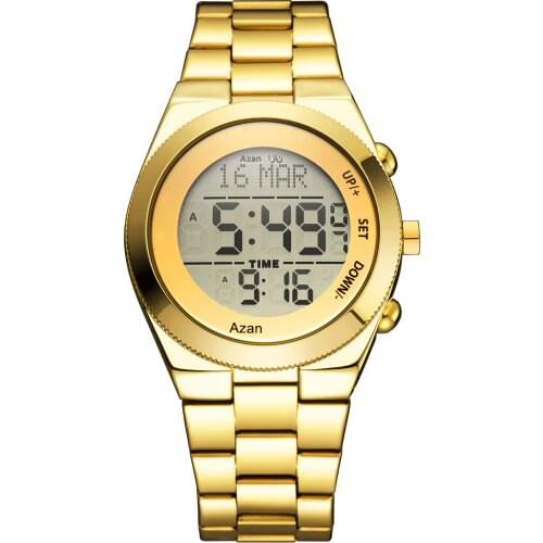 2021 New Arrival Luxury Men Digital Stainless Steel Muslim Prayers Qibla Reminder alfajr Azan Arabic Watch 6002