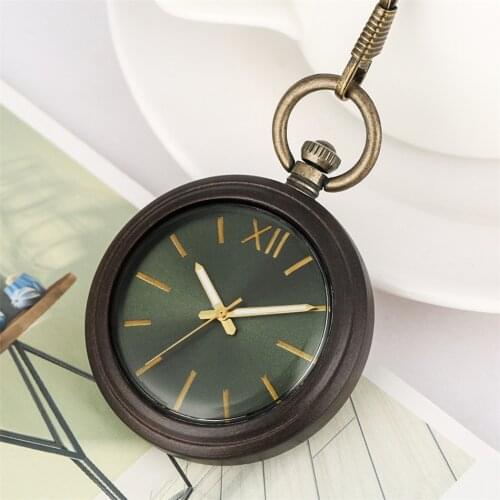Luminous Hands Dark Green Dial Quartz Wood Pocket Watch Bronze Fob Pendant Clock Vintage Natural Wooden Pocket Timepiece Gifts