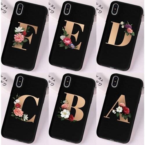 Gold Letter Alphabet Flowers Print Floral Simple Black Phone Case for iPhone 11 x 7 12 6 6s 8 plus Xs XR Pro Max 5 S Phone Cover