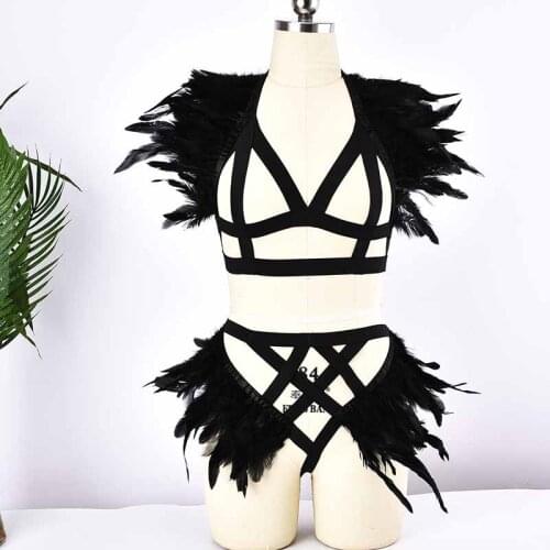 Black Gothic Feather Shrug Shawl Shoulder Cape Plus Size Ties Cosplay Costume Party Body Cage Feather Thong Harness Set