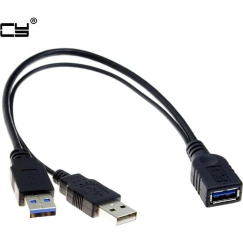 Black USB 3.0 Female to Dual USB Male Extra Power Data Y Extension Cable for 2.5" Mobile Hard Disk 30CM 1FT