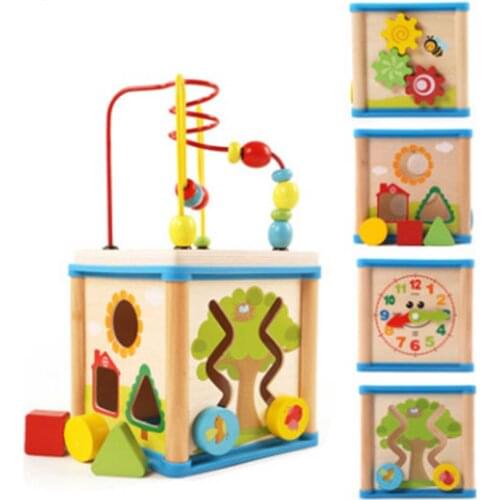 Montessori Wooden Activity Cube Toys Color Shape Cognition Puzzle Round Beads Fun Educational Toys for Children Christmas Gifts