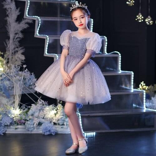 Girl Royal Princess Dress for Baby Elegant Bubble Sleeves Dresses Kids Sequins Tulle Ball Gown Children Birthday Party Vestidos