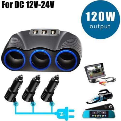 For Mobile Phone Car 3USB Port 3-Socket Cigarette Lighter Adapter 120W 12V/24V Car Charger Adapter Power DC Outlet Splitter