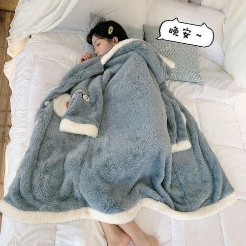 Korea Chic Winter New Nightgown Cute Cartoon Coral Fleece Thicken Pajamas Hooded Single Breasted Pocket Keep Warm Pajamas