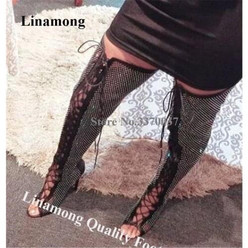 Linamong Sexy Bling Bling Rhinestone Stiletto Heel Over Knee Gladiator Boots Lace-up Cut-out Crystal Long High Heel Boots Heels
