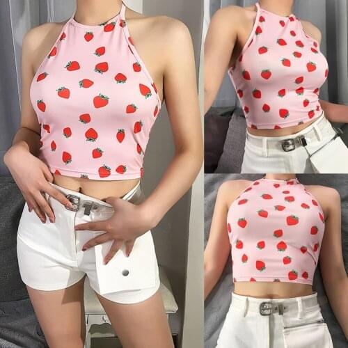 Summer Women Tank Tops Vest Sleeveless Crop Tops Fashion Casual Sexy Slim Backless Strawberry Print Clubwear Girls Ladies Camis