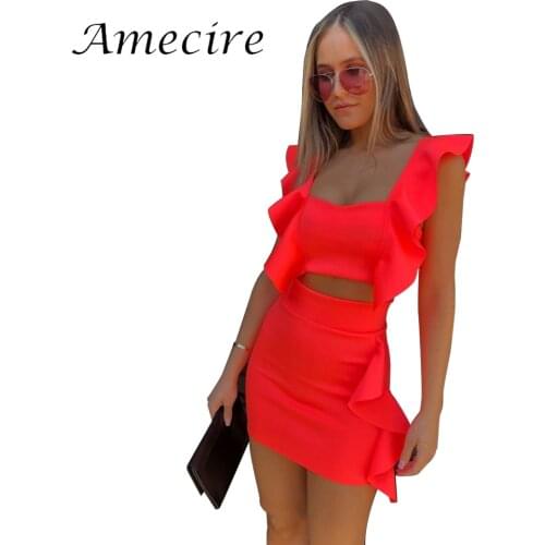 Amecire New Neon Orange Two Piece Matching Suit Cute Lovely Ruffles Elegant Outfits Set Summer Casual Fashion Everyday Wear Sets