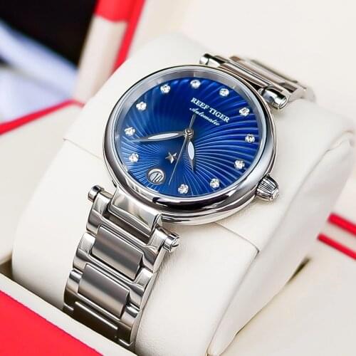 Reef Tiger/RT 2021 Fashion Ladies Watch Blue Dial Steel Bracelet Watches Sapphire Glass Automatic Mechanical Watch for Women