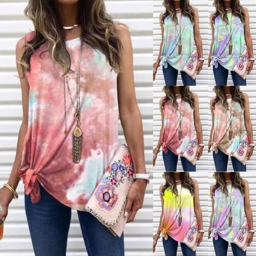S-5XL Women Tie Dye Sleeveless Twist Knot Round Neck Casual Blouse T-Shirt Top Vest sleeveless Soft Loose Top Plus Size Clothing