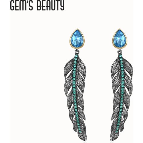 GEMS BEAUTY 925 Sterling Silver For Women Earrings Feather Natural Pear Cut London Blue Topaz 2021 Style Handmade Stud Earrings