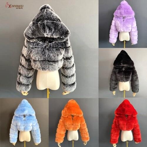 High Quality Cropped Fur Faux Fur Coats and Jackets Women Fluffy Top Coat With Hood Winter Fur Jacket Coat Female