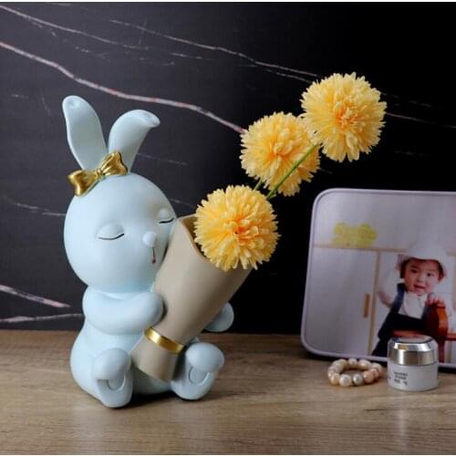 Nordic Cute Rabbit Vase Resin Statue Ornaments Home Livingroom Desktop Figurines Decoration Cabinet Bookcase Accessories Crafts