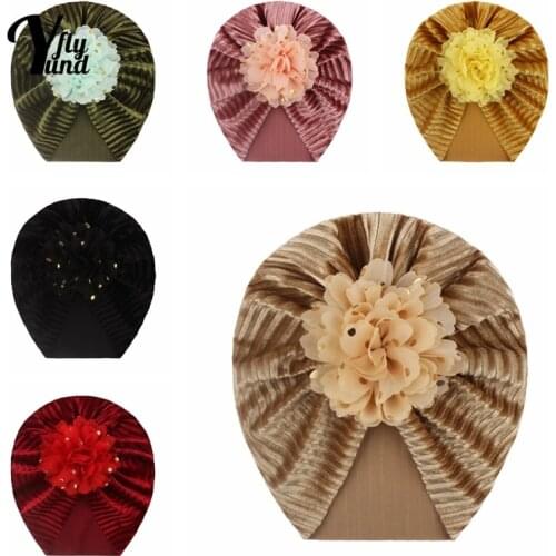 Yundfly Comfortable Warm Gold Velvet Striped Hat Fashion Dots Flowers Baby Turban Caps Newborn Headwear Holiday Gift Photo Props