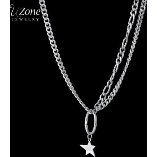 Uzone Minimalistic Stailess Steel Star Circle Pendant Necklace High Polished Chain Necklaces Unisex Jewelry Birthday Gift Collar