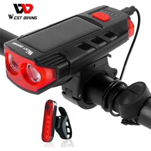 WEST BIKING USB Rechargeable Bicycle Light 2000mAh Solar Power LED Cycling Headlight Waterproof 120dB Bike Horn Warning Lamp