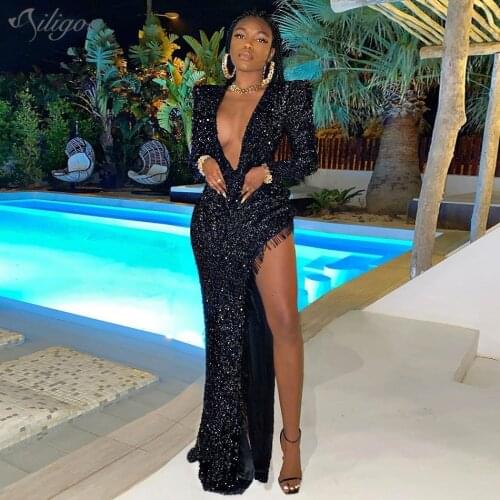 Ailigou 2021 New Sexy Luxury Long Sleeve V-neck Sequin Party Dress Womens High Slit Long Celebrity Party Tight Dress Vestidos
