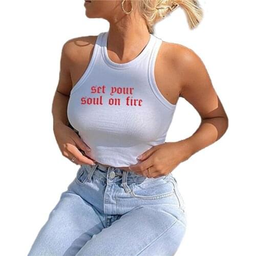 Women Sexy Sleeveless Round Collar Camis Tops Summer Girl Contrast Color Letter Printing Vest Casual Tight Bare Midriff Clothes