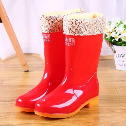Winter Fur Warm Women Rainboots Platform Pvc High Quality Female Rainning Boots Slip-on Mid-calf Girl Boots