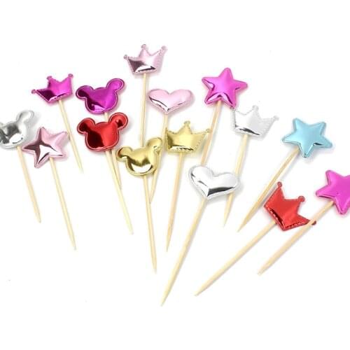 100pcs/lo cupcake toppers mickey/minnie birthday party decorations kids girl heart/star/crown topper cake baby shower supplies