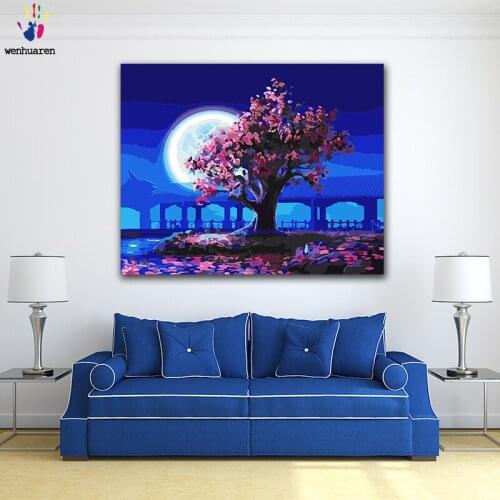 DIY colorings pictures by numbers with colors Peach tree under moonlight picture drawing painting by numbers framed Home