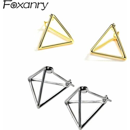 Foxanry Prevent Allergy 925 Sterling Silver Stud Earrings Creative Simple Hollow 3D Triangle Trendy Party Jewelry for Women