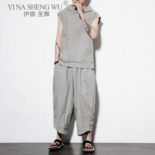 Mens Japanese Samurai Man Kimono Sleeveless Casual New Set Summer Breathable Hooded T-shirt Wide Leg Pants Suit Harajuku Outfits