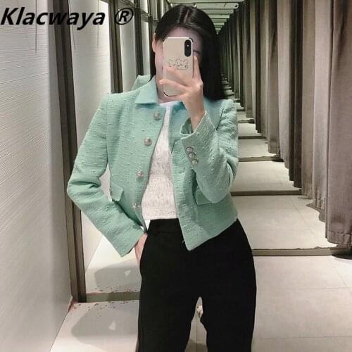 Klacwaya Womens 2021 Spring New Coat Lapel Single-Breasted Long-Sleeved Pocket Decorated Temperament Short Texture Top Coat