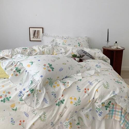 Cute Flower Bedding Set Cotton For Girl Twin Full Queen Size Strawberry 4pcs Fitted Bed Sheet Pillowcase Bedroom Duvet Cover