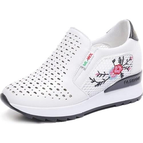 Women Breathable Comfortable Casual Shoes Summer Slip on Loafers Fashion Hollow Out Increasing Internal Height Platform Sneakers