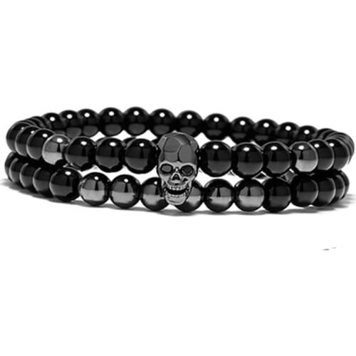 Fashion 6mm Black Energy Yoga Skull Charm Bracelet Natural Stone Beaded Luxury Bracelets Men Jewelry