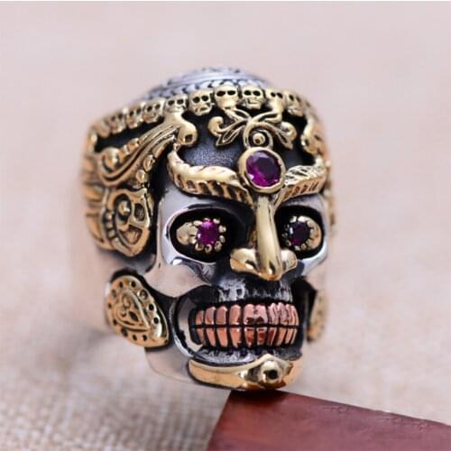 Real S925 Sterling Silver Fashion Domineering Skull King Set Artificial Corundum Mens Ring Exquisite Party Jewelry