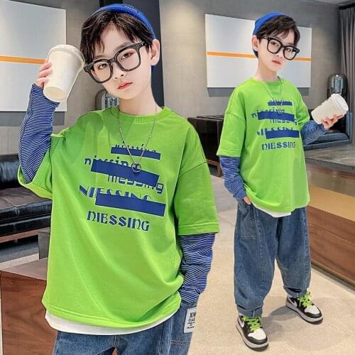 New Boys' Green Sweatshirt Stitching Long-sleeved O-neck T-shirt Childrens Spring And Autumn Letter Printing Casual Pullover