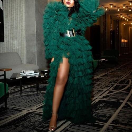 New Arrival Emerald Green Ruffles Tiered Women Robes Full Sleeves Sexy Tutu Long Women Dresses Chic Prom Gowns