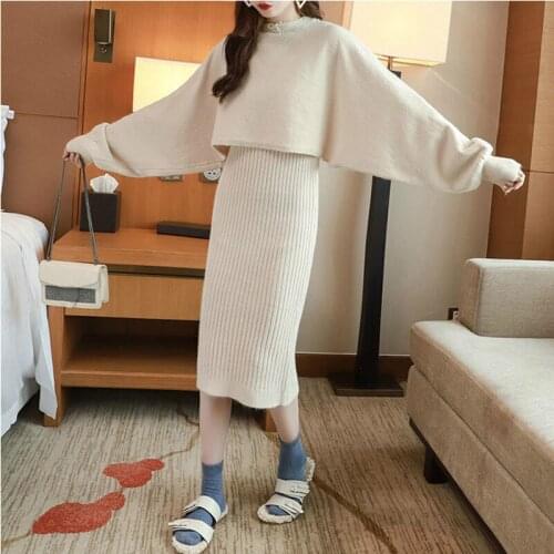 Autumn Winter Women Sweater Two Piece Knitted Sets Tracksuit Chic Pullover O-neck Long Sleeve Top Elastic Slim Strap Dress Suits
