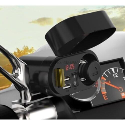 By DHL or Fedex 50pcs Motorcycle Cigarette Lighter Handlebar Dual USB Charger with Fuse Switch Clock LED Voltmeter