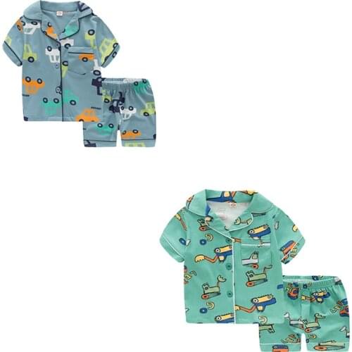 TUONXYE New Summer Boys Short sleeves Pajamas Girls Set Cartoon Excavators Pyjama Cotton Kids Pijama Children Sleepwear Clothes