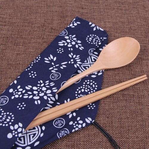 Portable Wooden Tableware Sets With Useful Spoon Chopsticks Travel Gift Dinnerware With Cloth bag