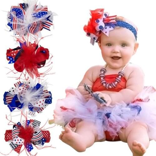 United States Flag Over the Top Hair Bow 6 inches Baby Headband 4th of July Bows Patriotic Girls Big Bows with Clips HB376D