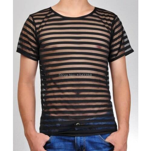 Sexy Male T-Shirt Undershirts Men Mesh Stripe See Through Underwear