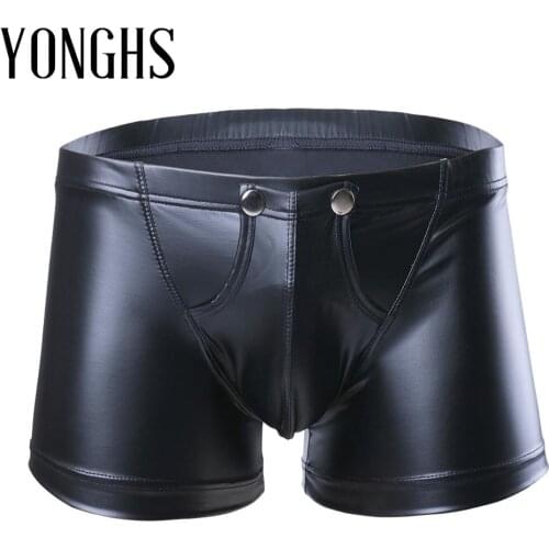 Sexy Men Lingerie Sex Latex Underwear Faux Leather Shorts Underpants Underwear Press Button with Bulge Pouch Leather Panties