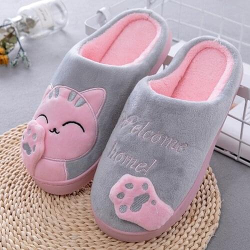 2021 Winter Cartoon Cat Cute Couple Slippers Warm Plush Non-slip Slides Bedroom Indoor Soft Backless Shoes Women Home Slippers